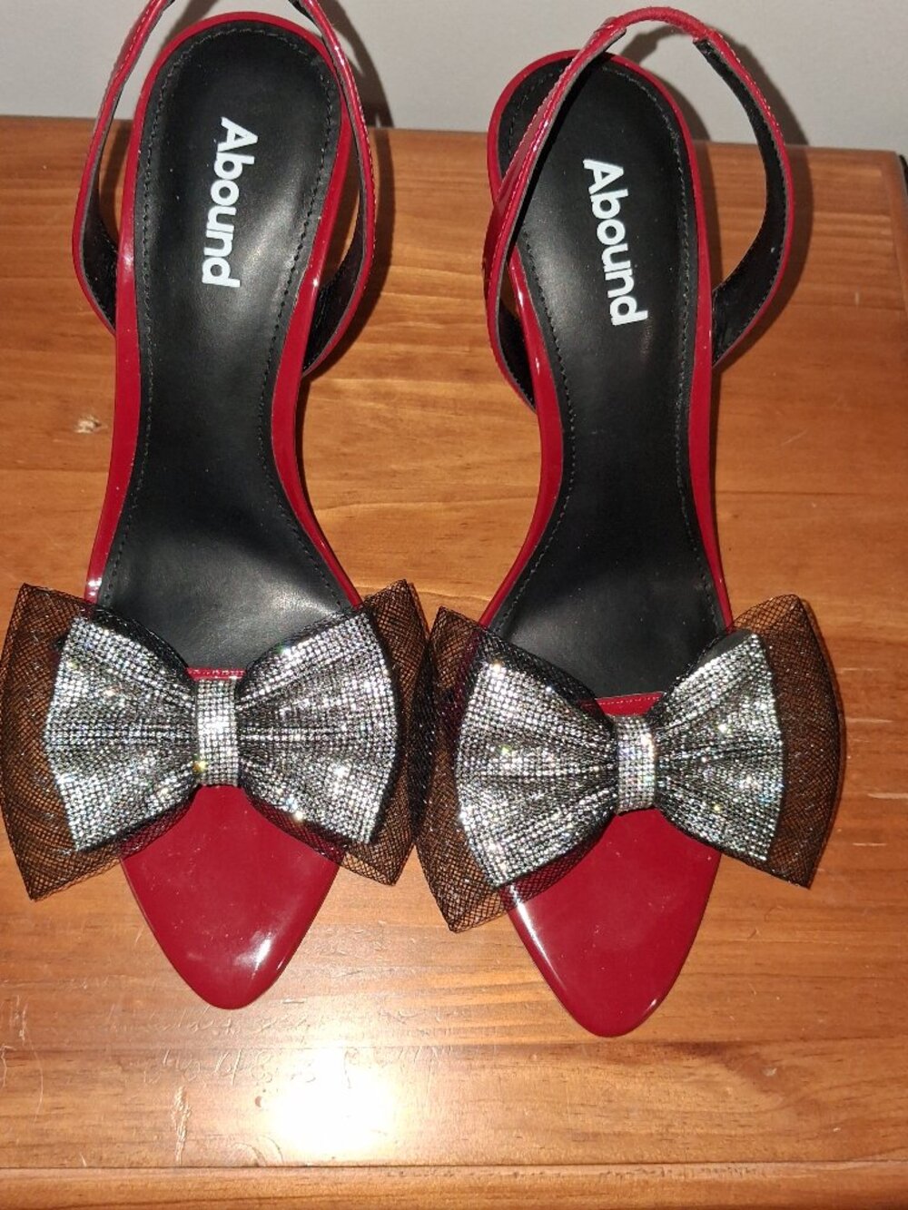 Abound Red Patent Slingback Heels with Rhinestone Bows Size 8